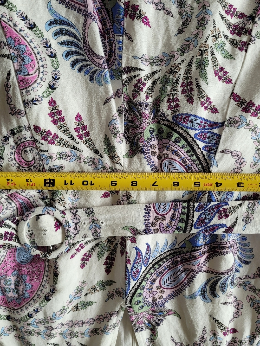 LOFT Women's  Paisley Linen Blend Puffed Sleeve Belted Dress Petite Size 12P - Picture 7 of 14